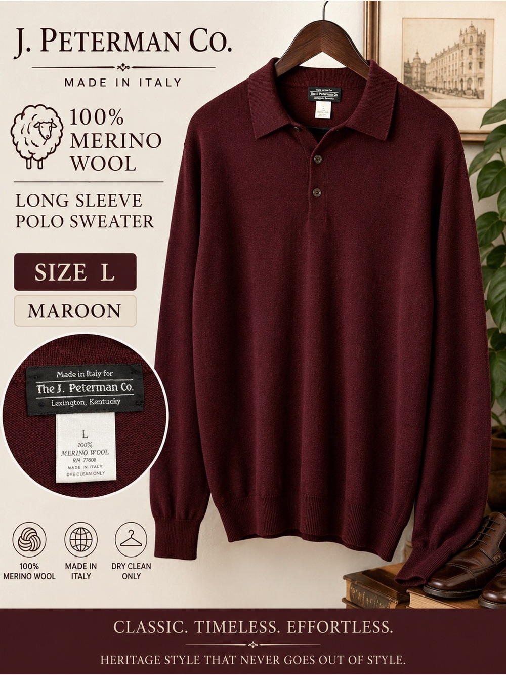 J. Peterman Co. Men’s 100% Merino Wool Long Sleeve Polo Sweater Maroon L Italy
